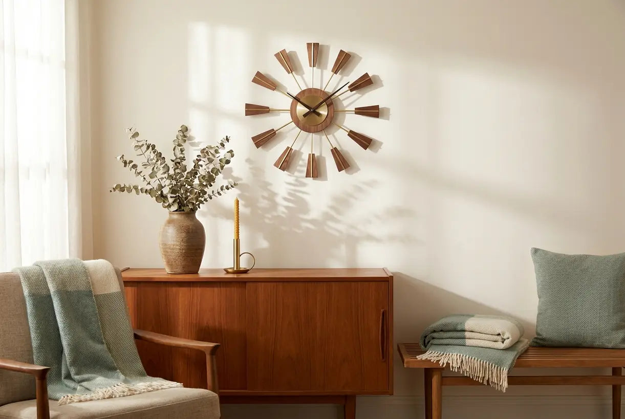 Stilvolles Wohnzimmerambiente mit Mid-Century Modern Wanduhr über Teakholz-Sideboard im skandinavischen Interieur