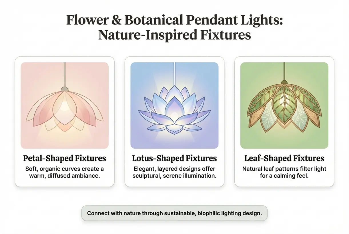 Bloem & Botanische Hanglampen: Kroonblad-, Lotus- & Bladvormige Armaturen voor Natuur-Geïnspireerde Ruimtes - infographic