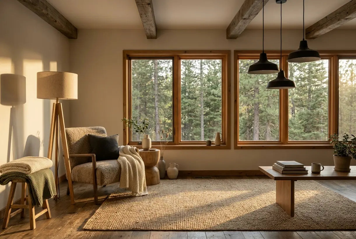 Modern cabin living room interior with Scandinavian design, warm wood tones, ambient lighting, and cozy reading nook by forest windows