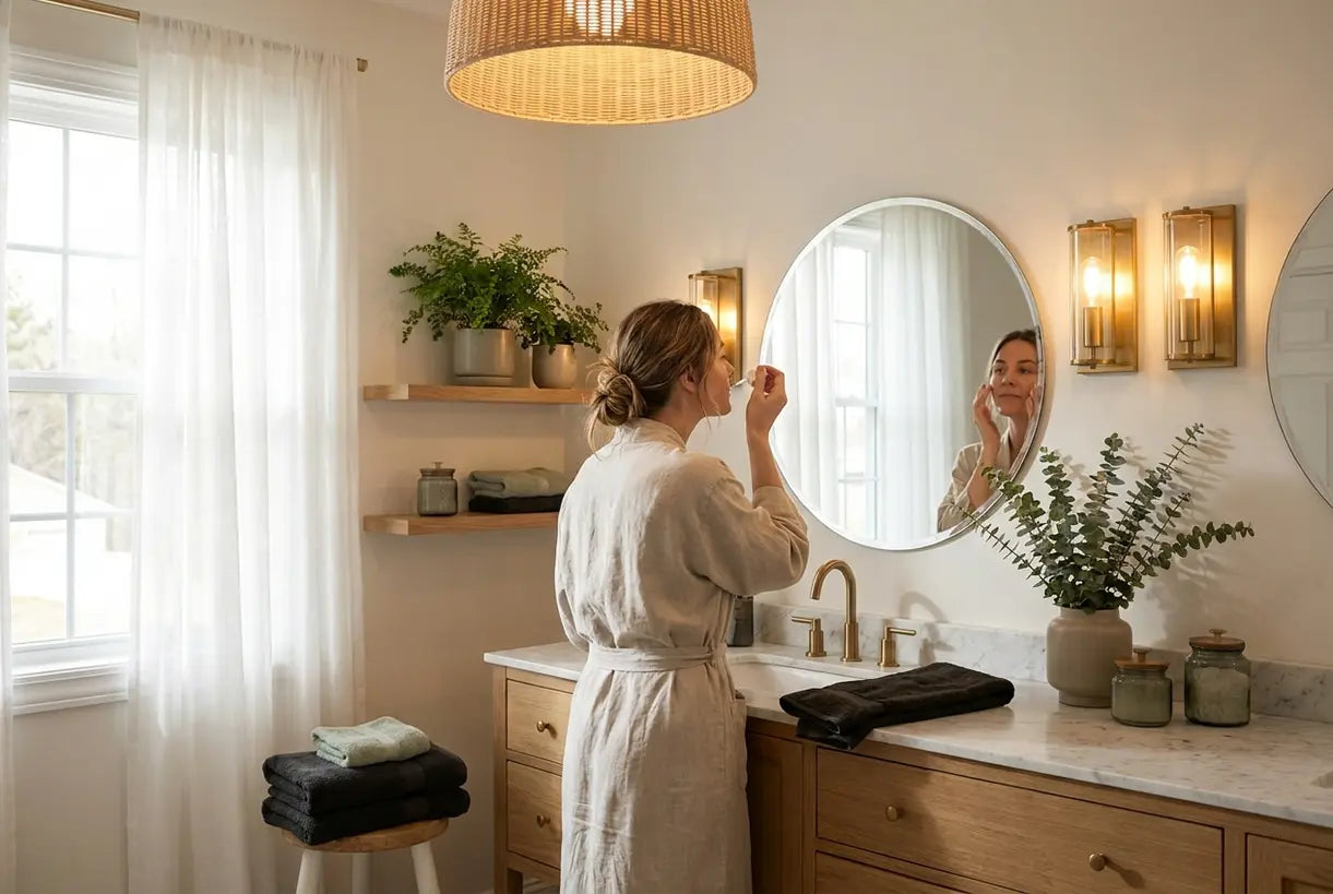 Vrouw in spa-achtige hoofdbadkamer met gelaagd verlichtingsontwerp inclusief wastafelwandlampen en hanglamp