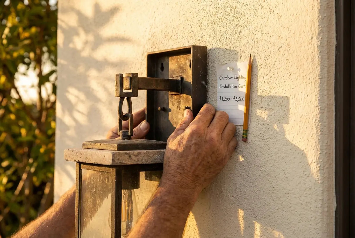 Vakman houdt de montagebeugel van een buitenwandlamp vast tijdens de installatie