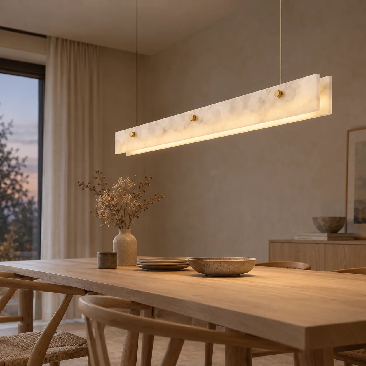 Steinna Marble Linear Pendant for Dining Room, styled in a Scandinavian interior