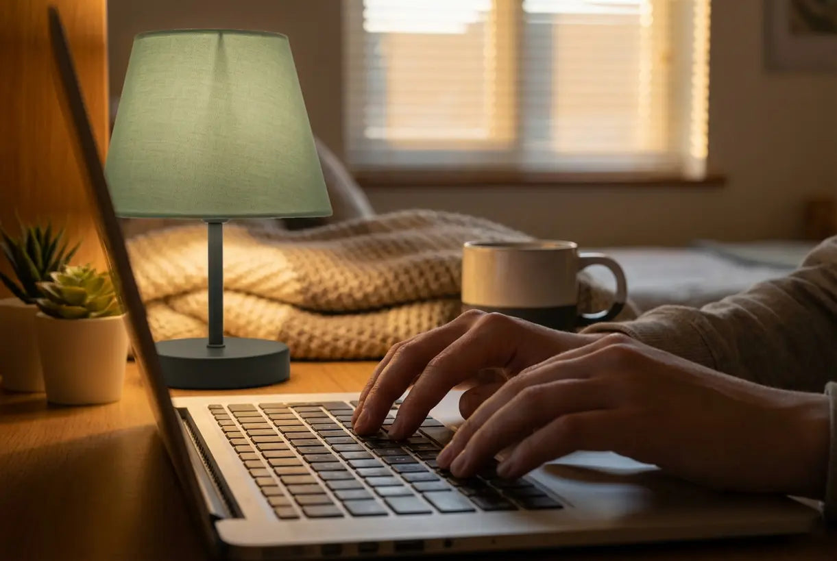 Handen typen op een laptop verlicht door een warme gloed van een studentenkamer bureaulamp tijdens het studeren