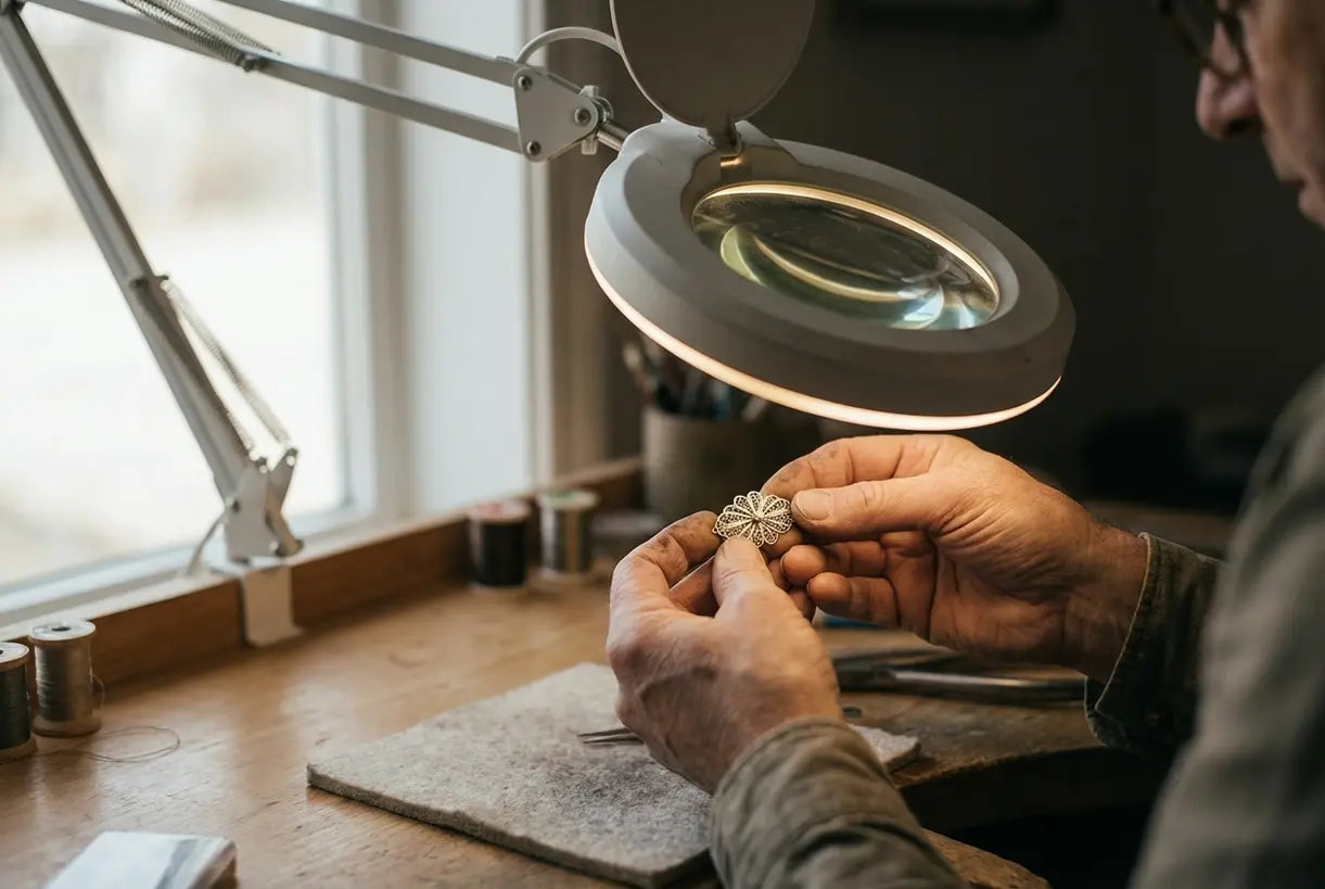 Detailwerk handen verlicht door gerichte taakverlichting voor precisieambacht