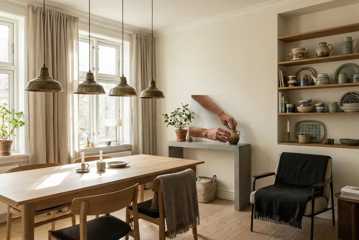 Modern Scandinavian living room mixing vintage home decor with contemporary furniture