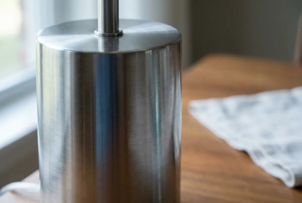 Close-up detail van geborstelde metalen tafellampvoet met chroomafwerking textuur
