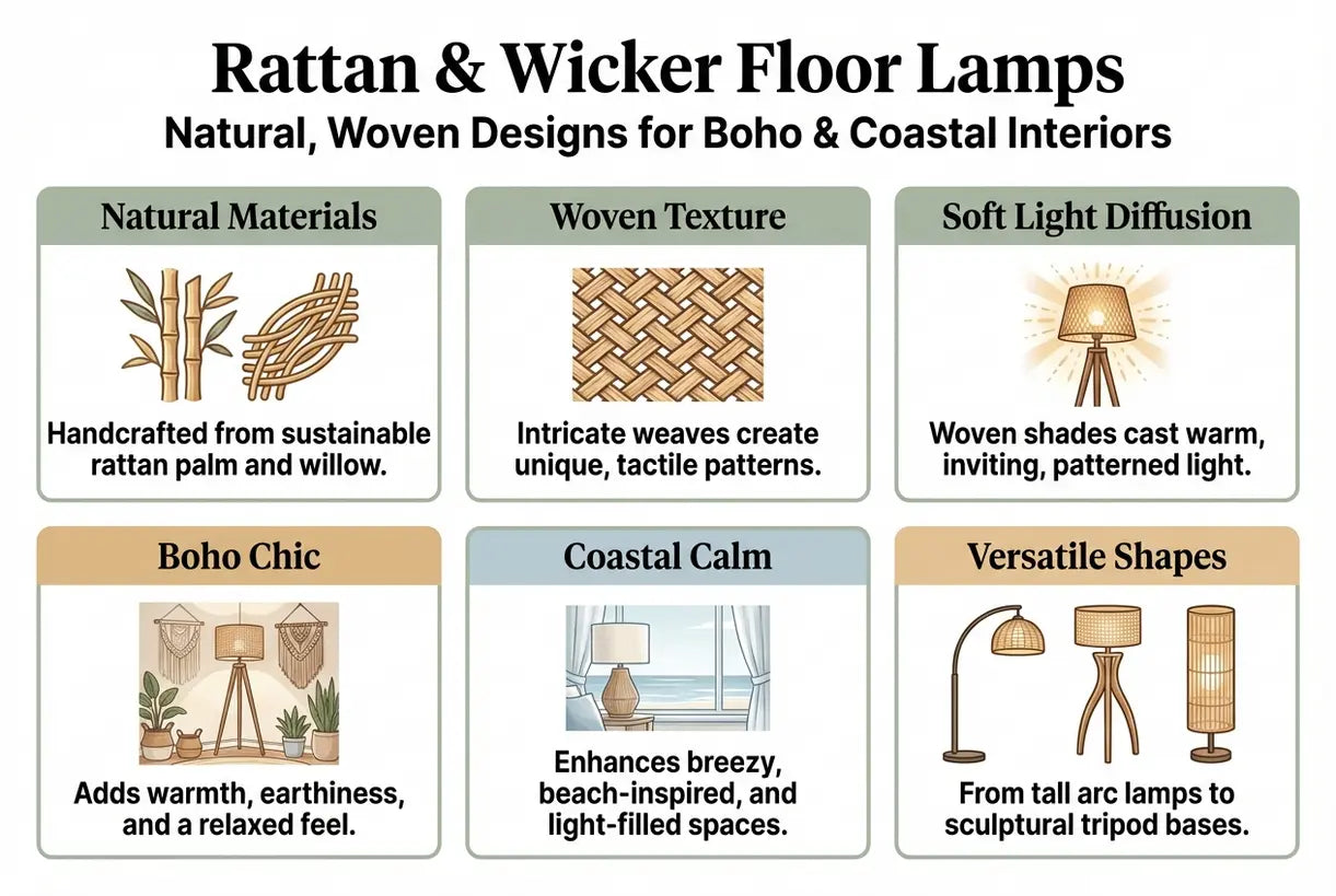 Rotan & Riet Vloerlampen: Natuurlijke, Geweven Ontwerpen voor Boho & Kust Interieurs - infographic
