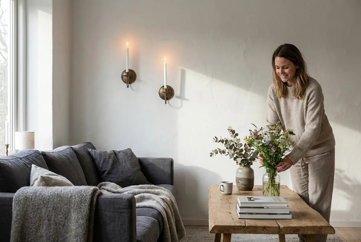 Skandinavisches Wohnzimmer mit Wand-Kerzenhaltern und Stabkerzen