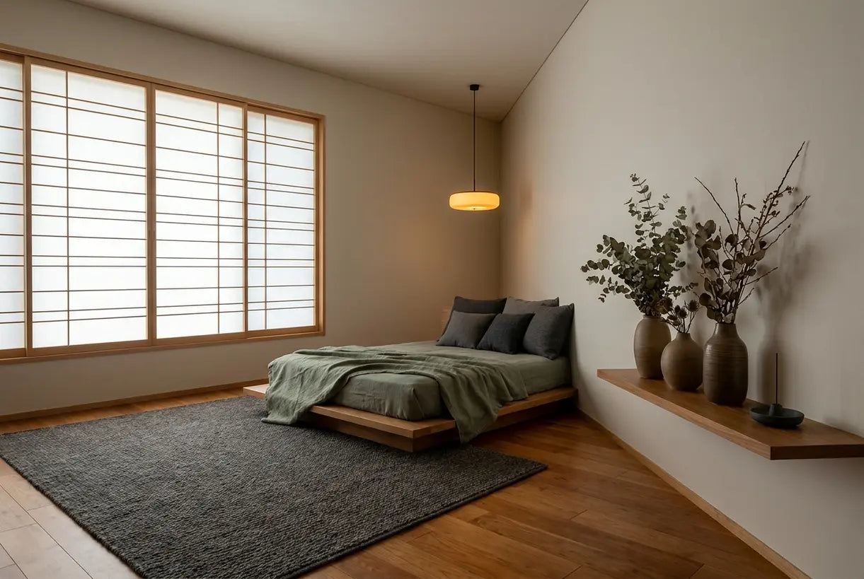 Japanese minimalist living room interior with natural materials soft lighting Zen home decor