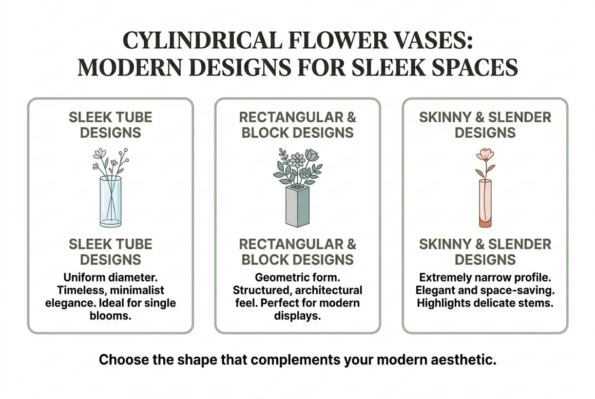 Cilindrische bloemenvazen: strakke buis-, rechthoekige & smalle ontwerpen voor moderne ruimtes - infographic