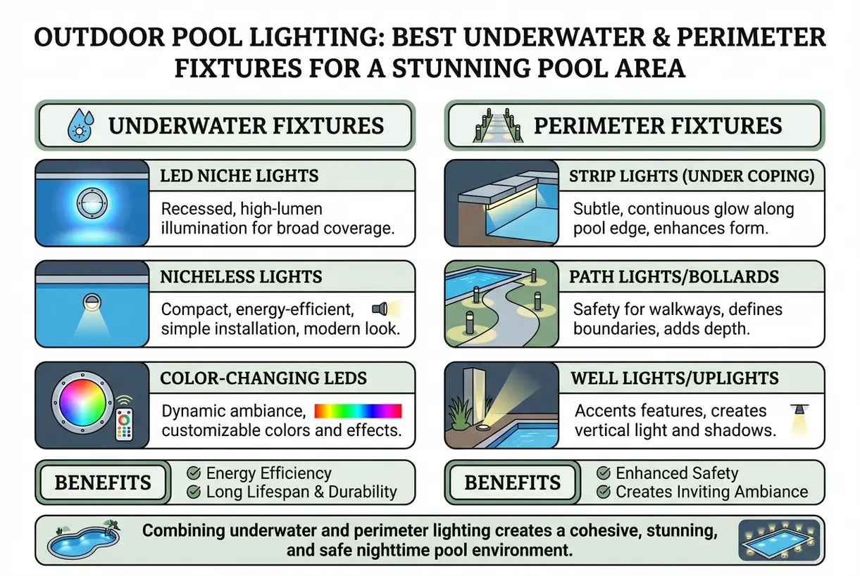 Buitenverlichting voor het zwembad: beste onderwater- en perimetrale armaturen voor een prachtig zwembadgebied - infographic