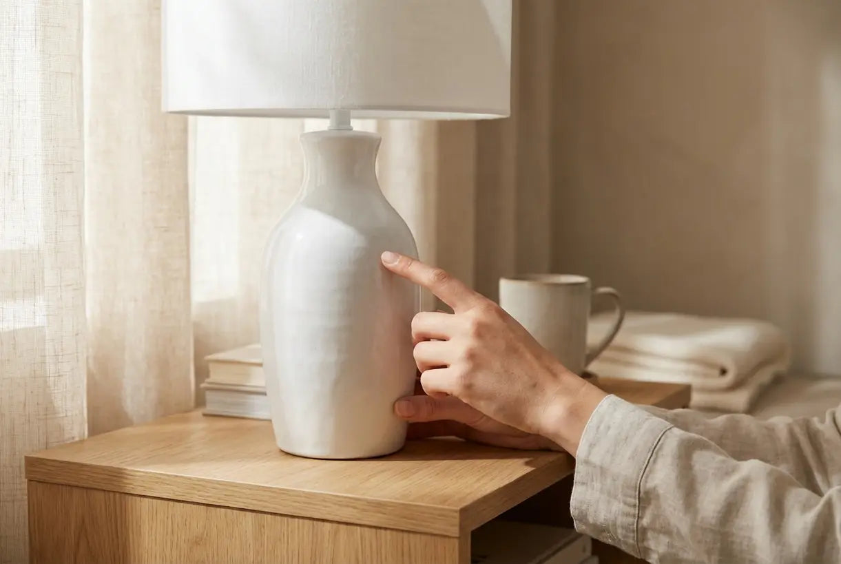 Handen passen witte keramische tafellamp aan op lichte houten nachtkastje in luchtig minimalistisch interieur