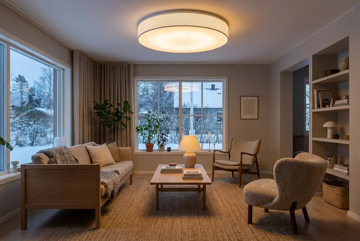 Scandinavische woonkamer met LED opbouw plafondlamp die warme sfeerverlichting biedt