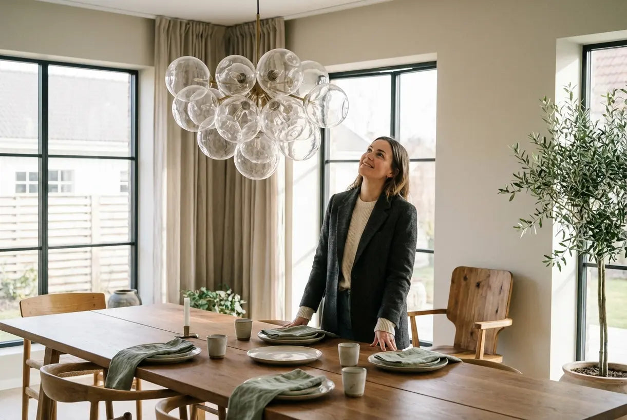 Vrouw bewondert een bubble-kroonluchter in een moderne Scandinavische eetkamer met natuurlijk licht
