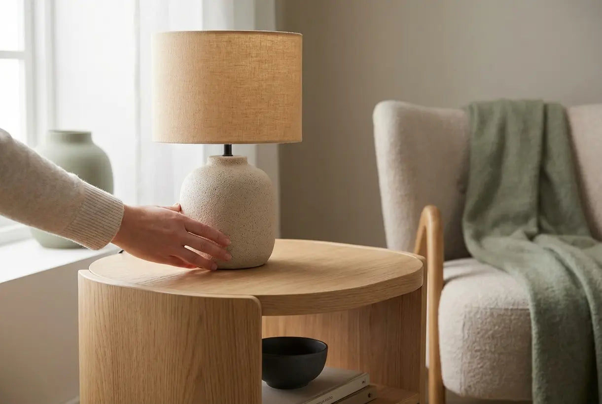 Hand die een sculpturale tafellamp aanpast op een houten bijzettafel, Scandinavisch minimalistisch design