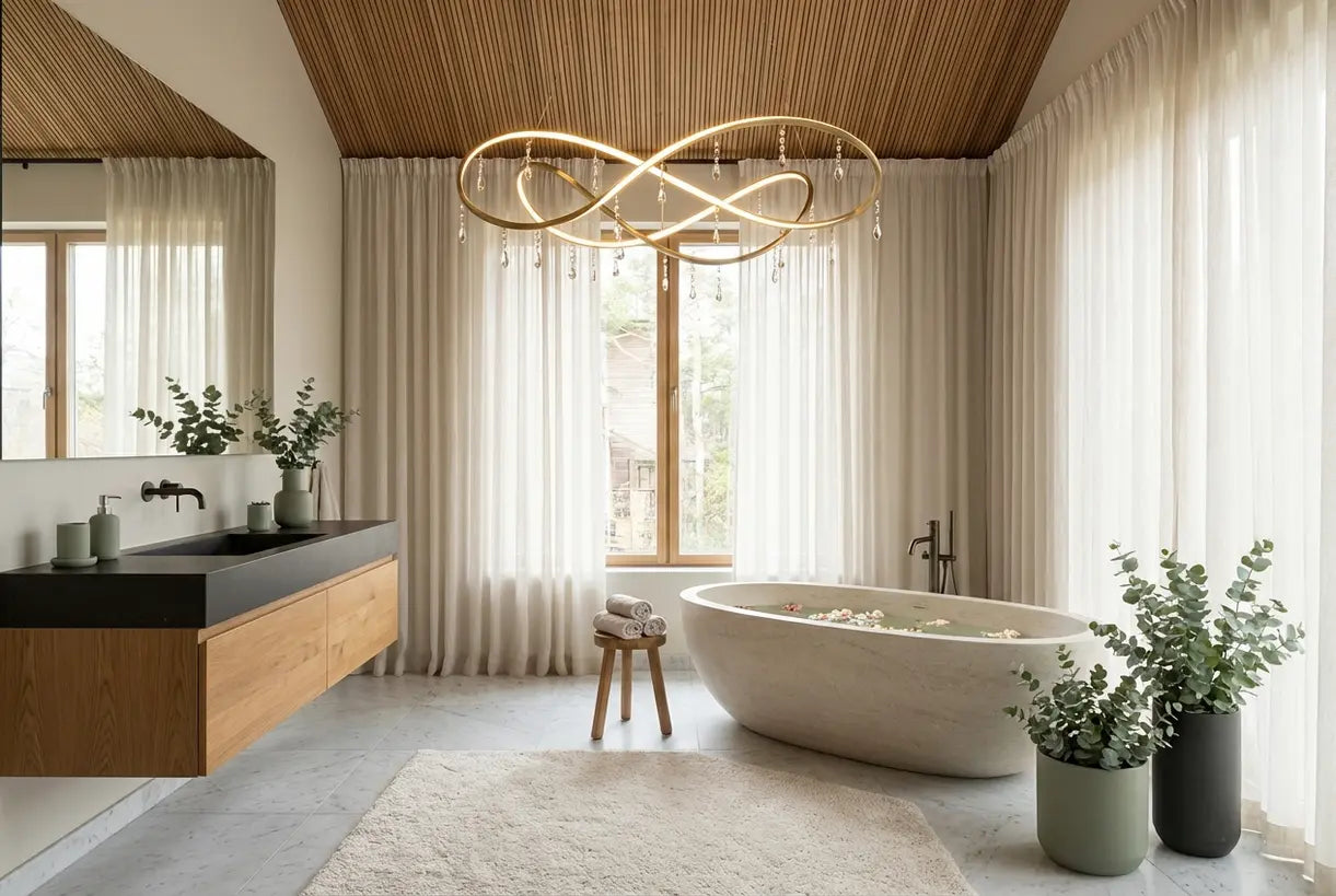 Scandinavische badkamer met elegante kroonluchter boven vrijstaand bad in spa-achtige omgeving