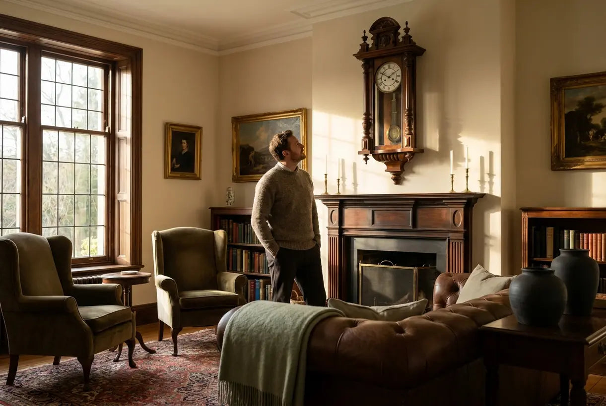 Elegantes Wohnzimmer mit traditioneller Wanduhr über dem Kamin