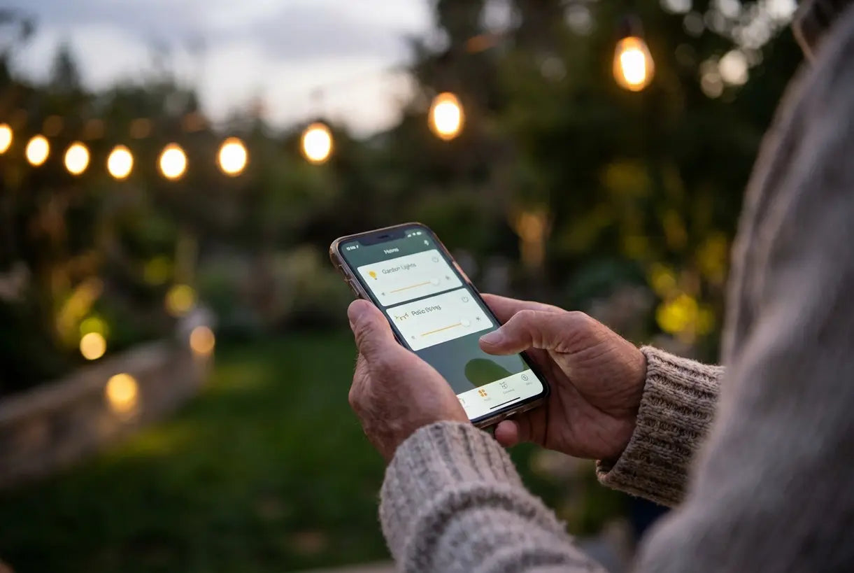 Smartphone-app bedient buitenverlichting met een warme sfeergloed
