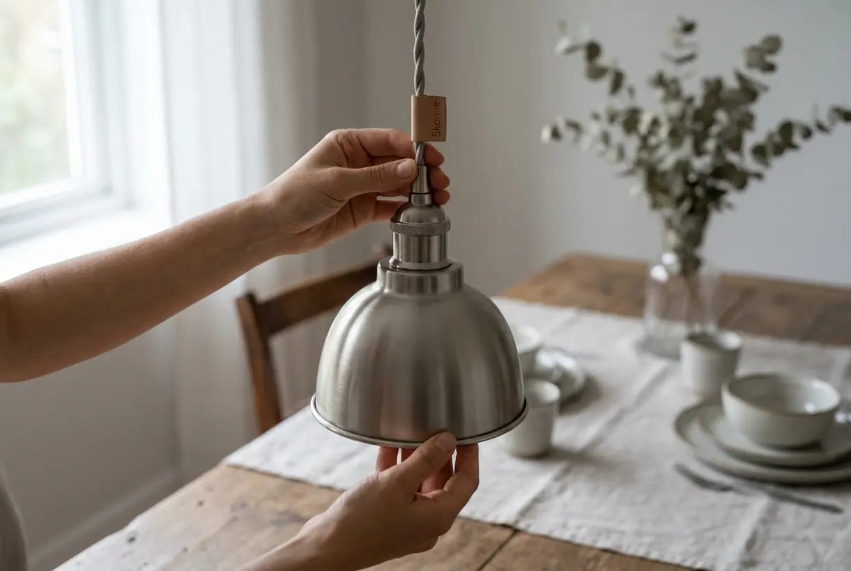 Hands adjusting brushed nickel pendant light fixture over dining table