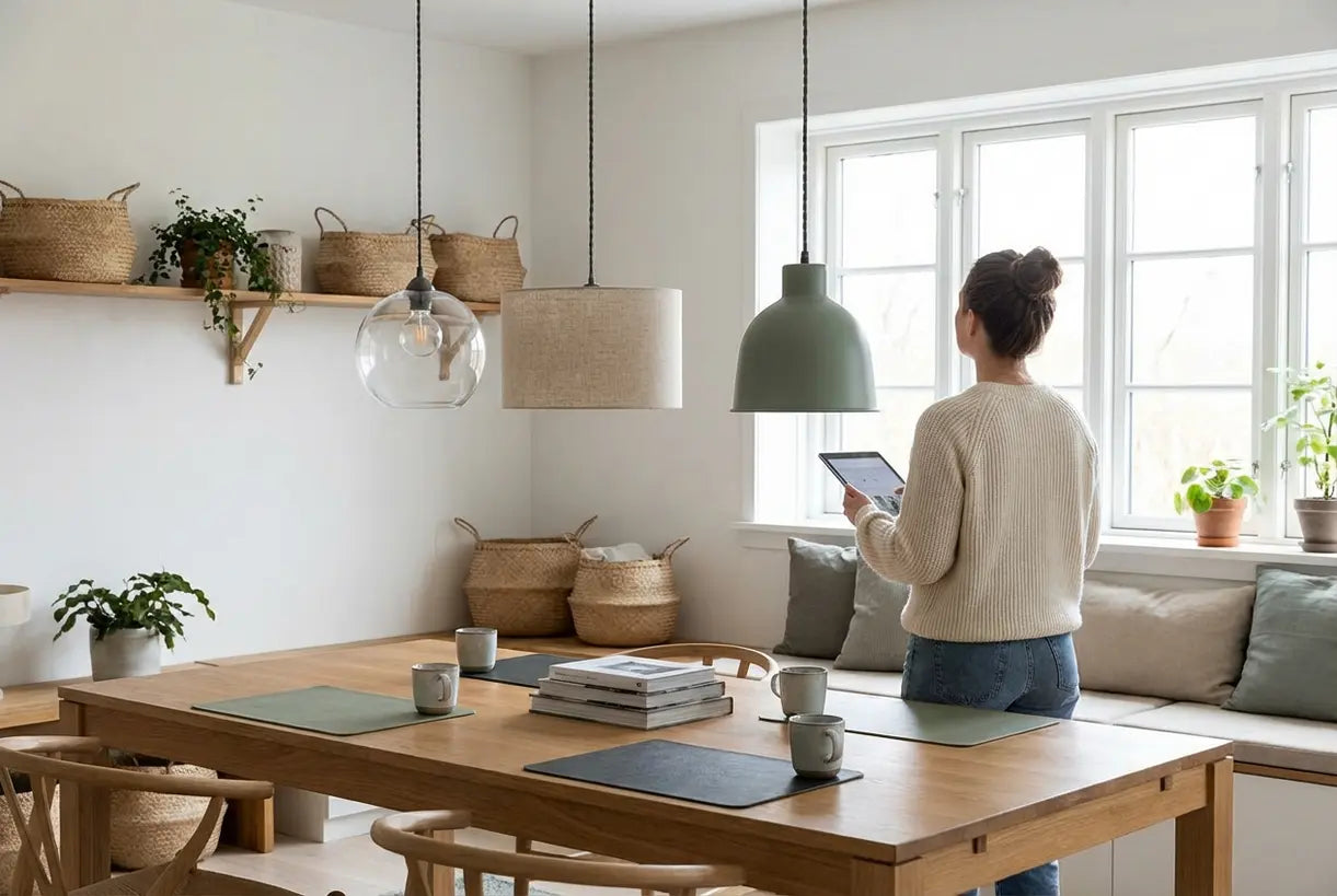 Verschillende stijlen pendellampenkappen, waaronder glas, linnen en metaal, in een Scandinavische eetkamer
