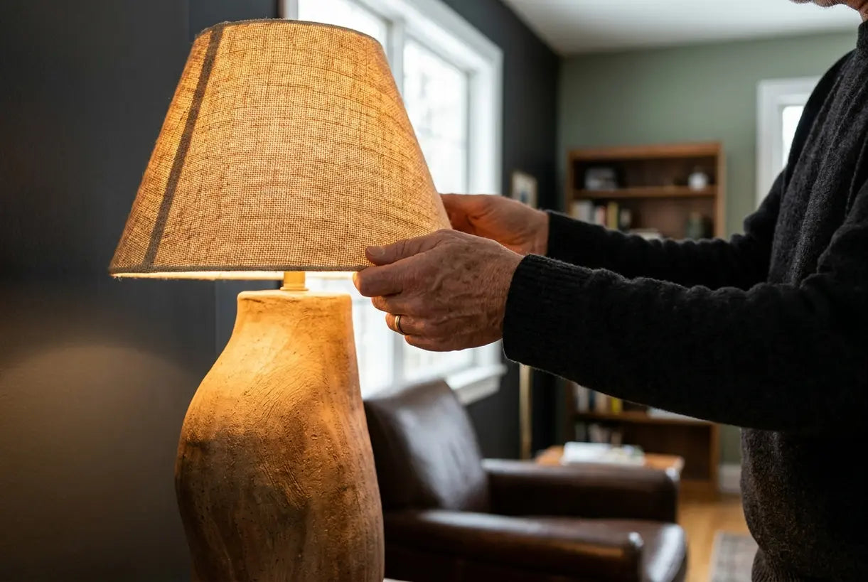 Masculine home decor ceramic floor lamp detail with textured materials and warm lighting