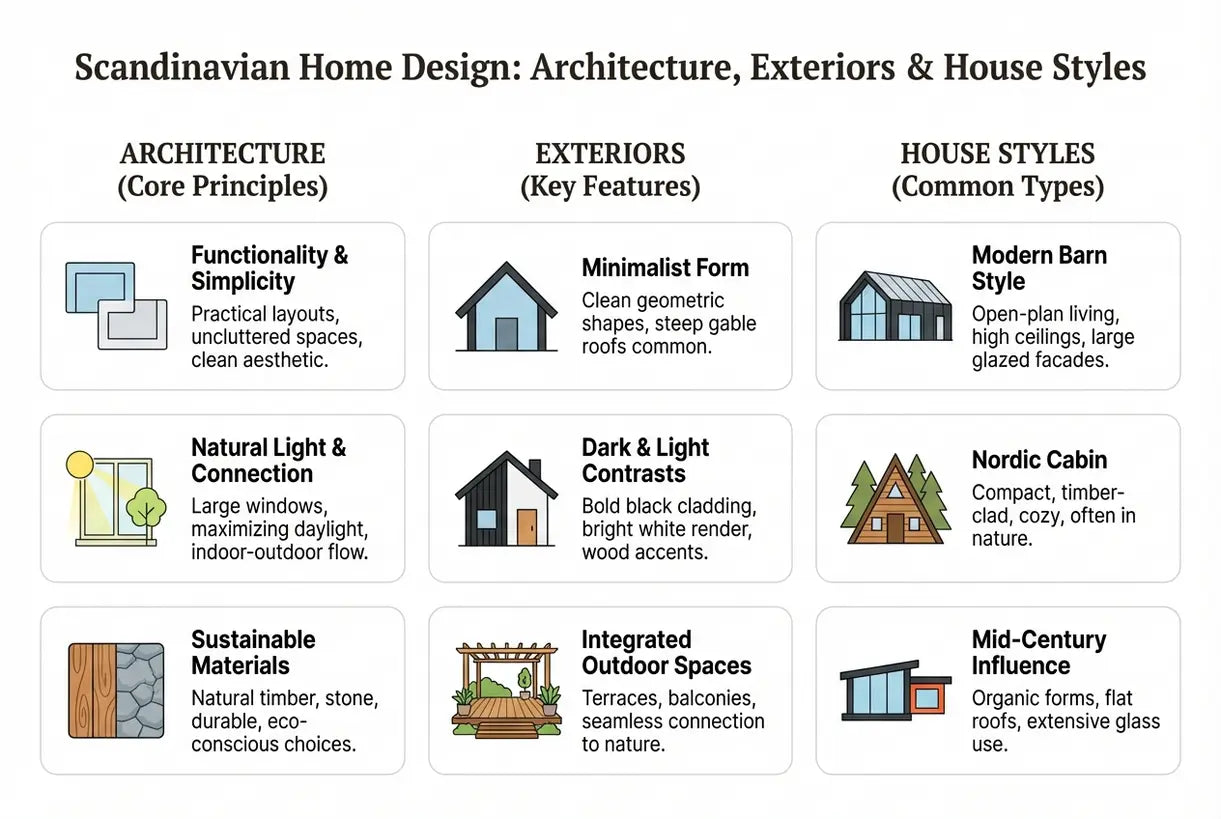Scandinavisch huisontwerp: architectuur, gevels en woningstijlen - infographic