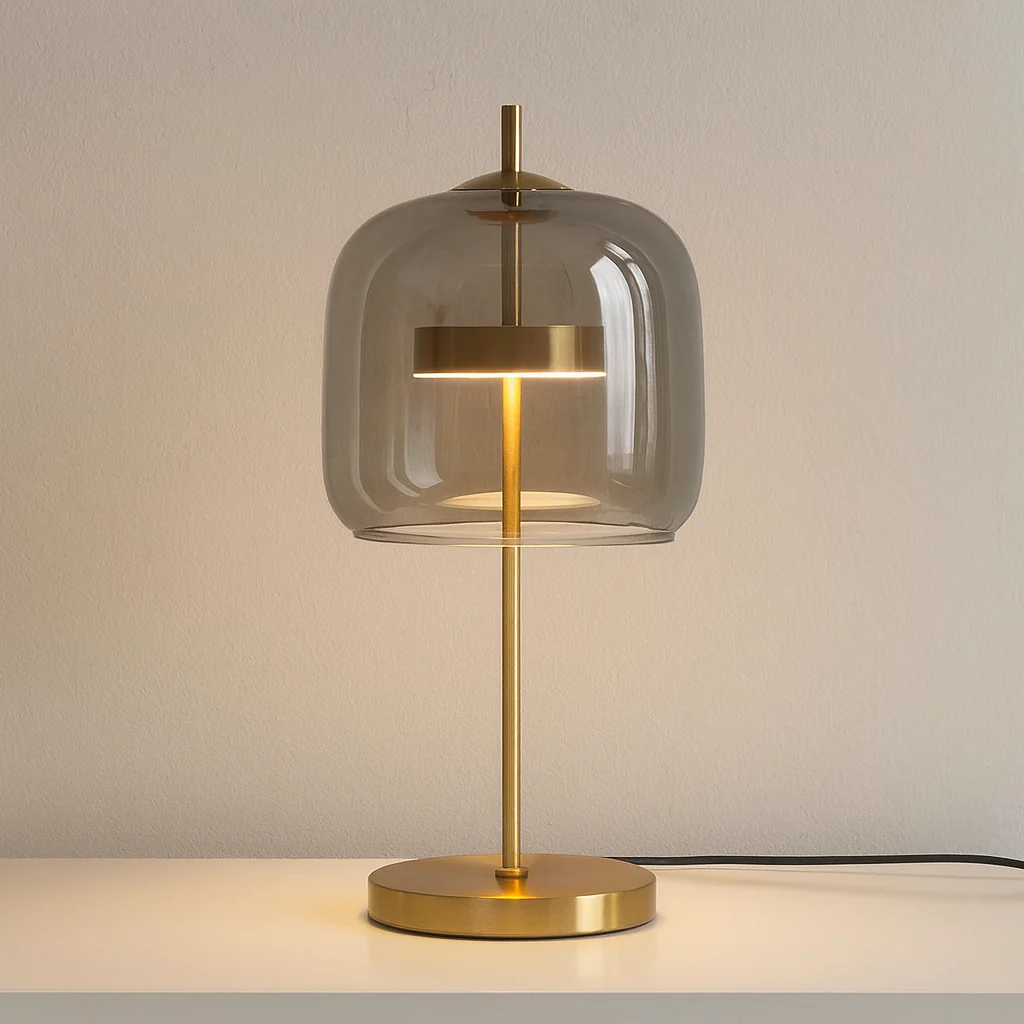 Nordic Stained Glass Table Lamp with Gold Base, Smoke Grey / Cold white, Lamps, Glora