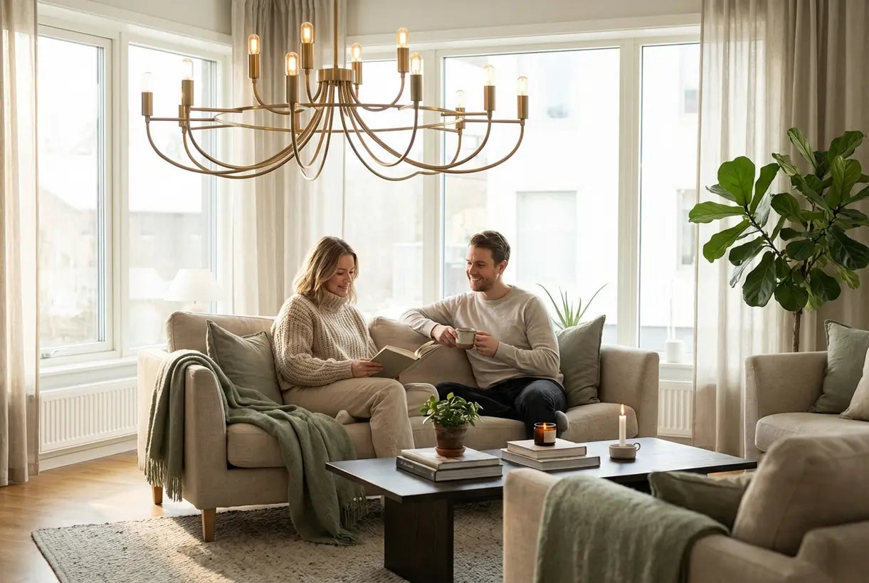 Scandinavian living room with modern chandelier and family enjoying warm hygge atmosphere