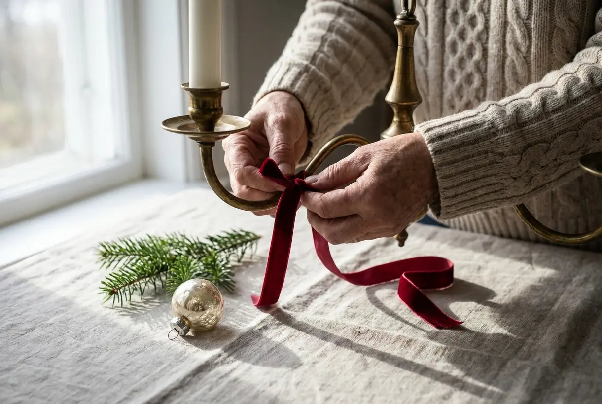 Handen versieren kroonluchter met fluwelen lint en altijdgroene takjes voor Kerstmis