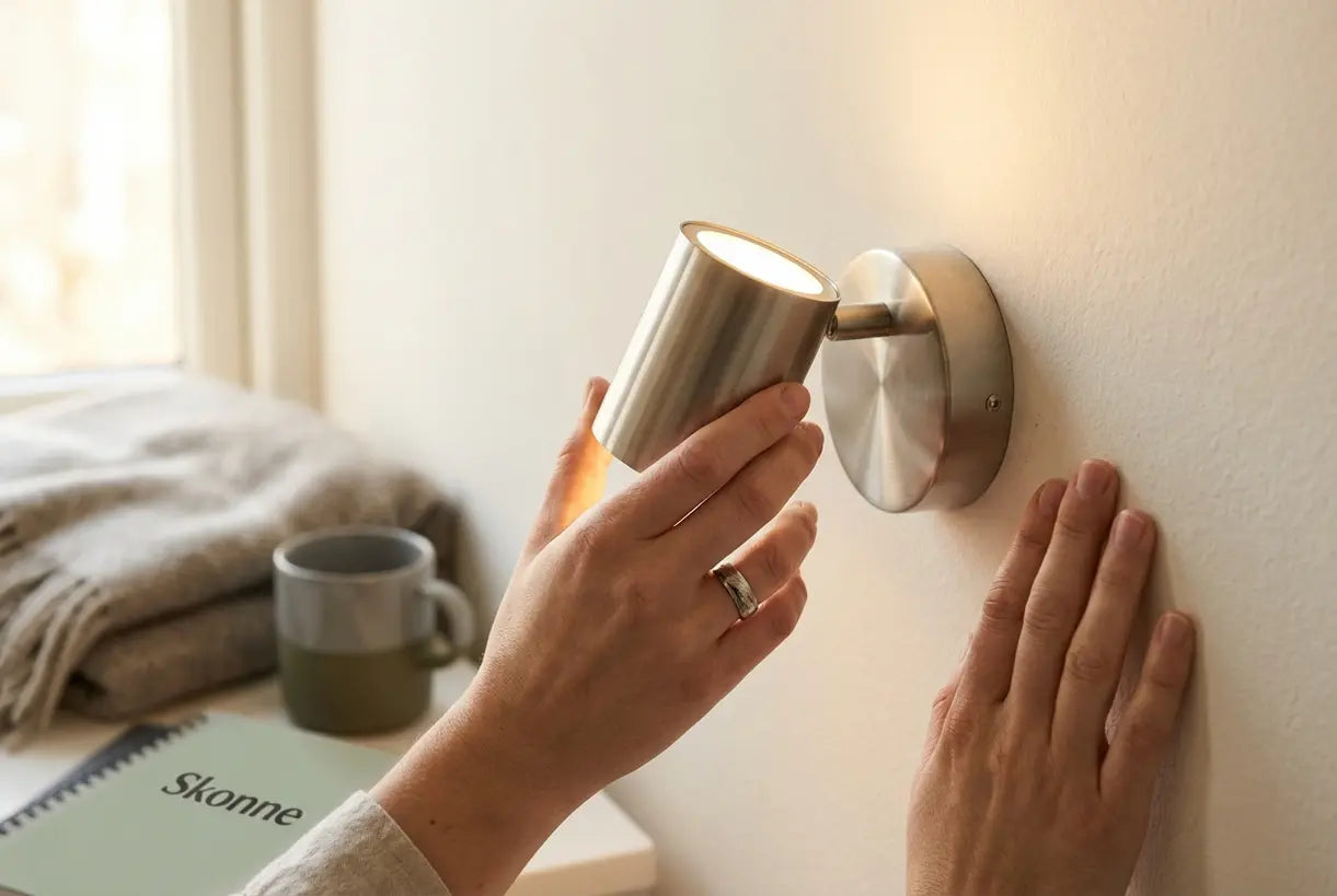 Persoon die moderne LED-wandlamp aanpast in Scandinavische slaapkamer met warme sfeerverlichting