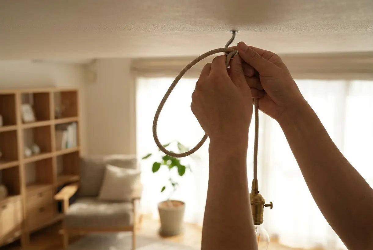 Hands installing swag hook for plug-in pendant light, easy no-hardwire lighting installation