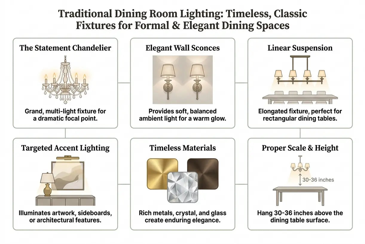 Traditional Dining Room Lighting: Timeless, Classic Fixtures for Formal & Elegant Dining Spaces - infographic