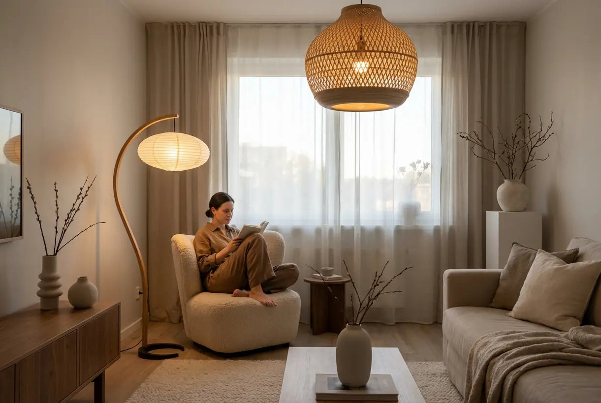 Japandi-woonkamer met gelaagde verlichting, waaronder een houten vloerlamp en een hanglamp