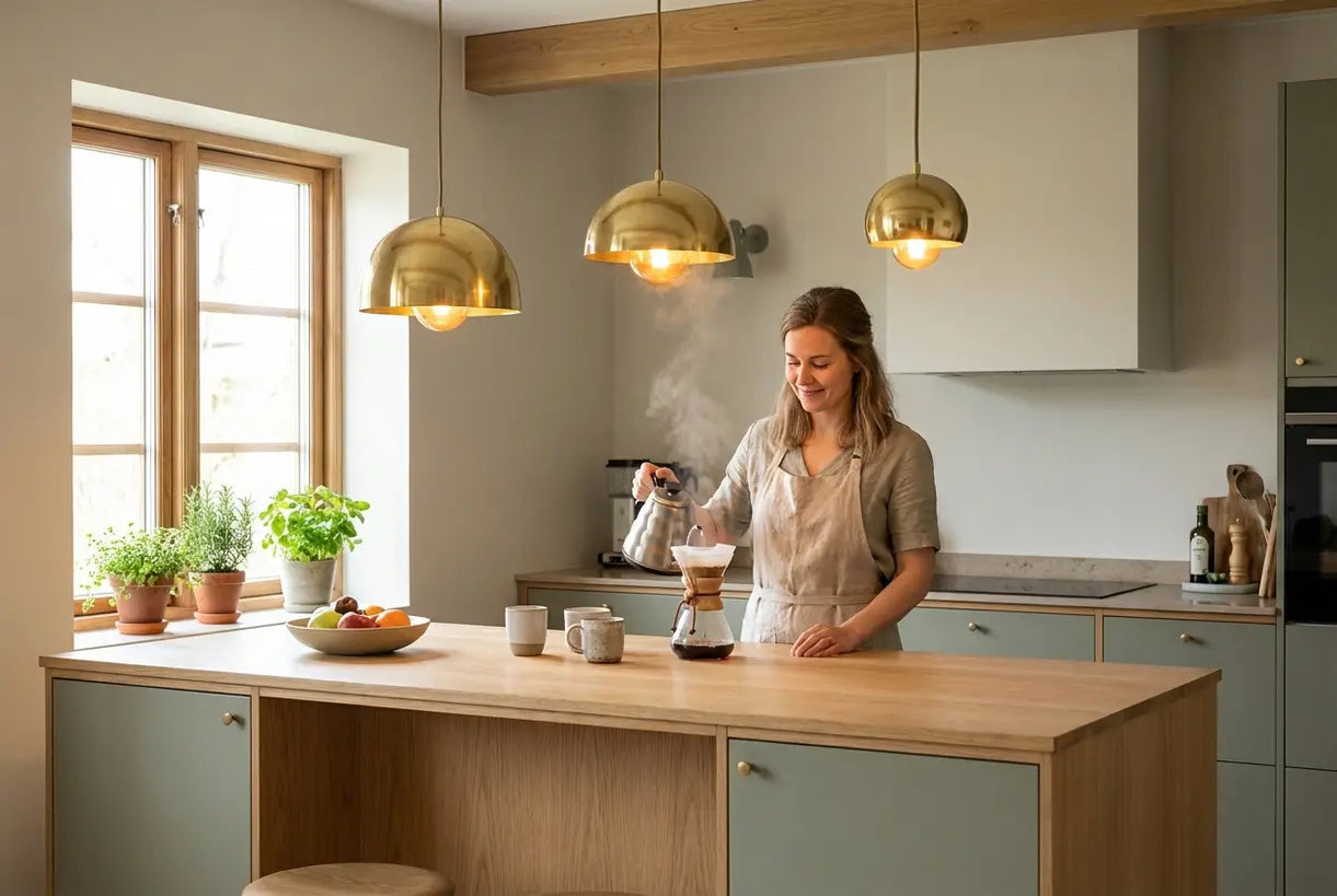 Modern kitchen with brass pendant lights above island in Scandinavian interior design