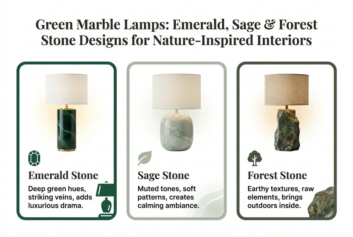 Lampen van groen marmer: natuursteen in smaragd-, salie- en bosgroen voor een interieur geïnspireerd op de natuur - infographic