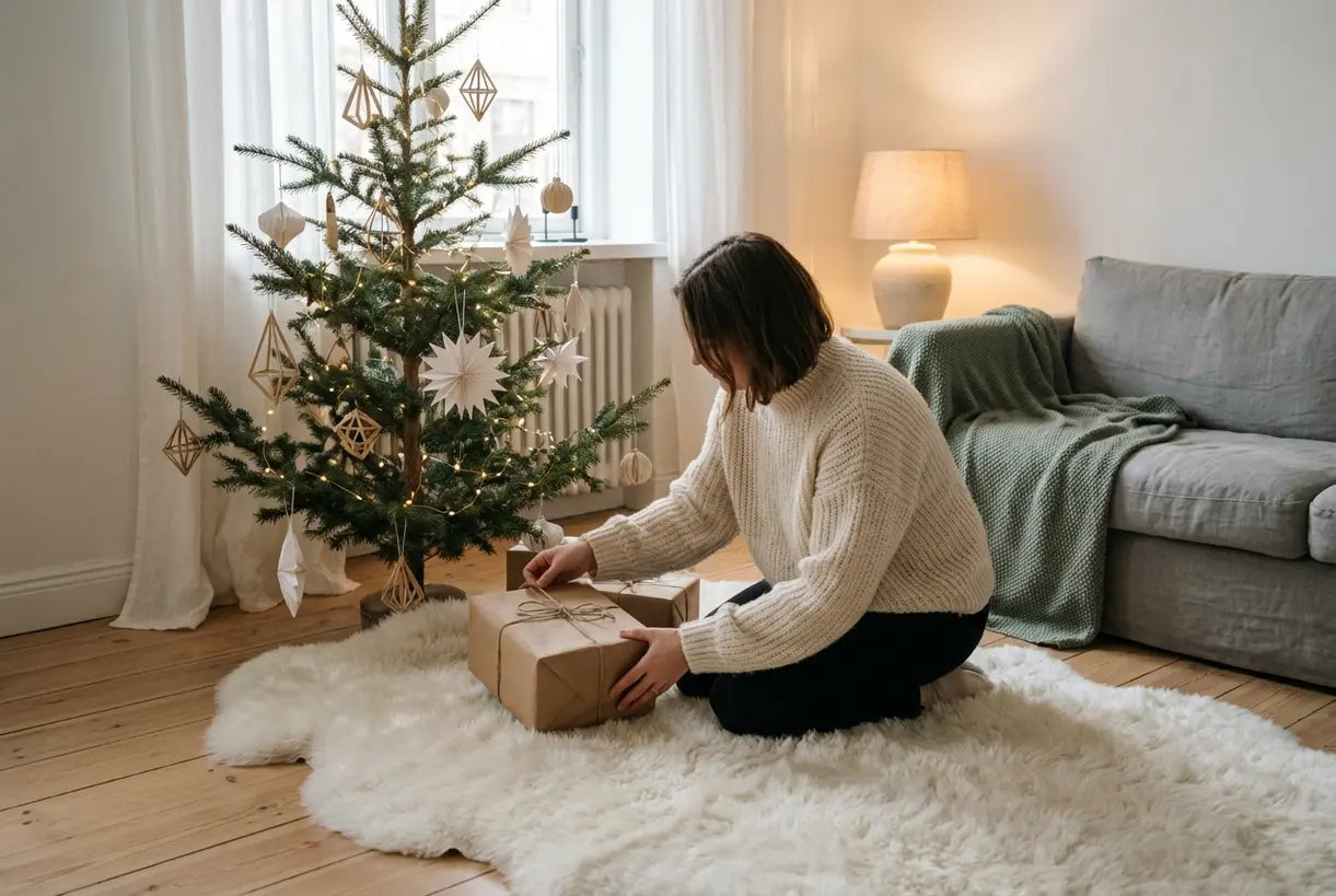 Scandinavische kerstwoonkamer met minimalistische boom en natuurlijke kerstdecoratie