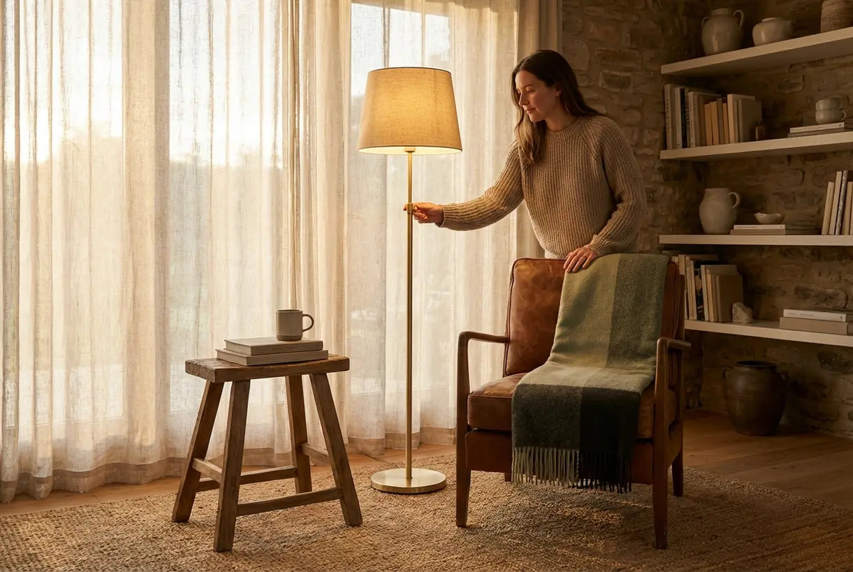 Scandinavische woonkamer met dimbare staande lamp die sfeerverlichting creëert