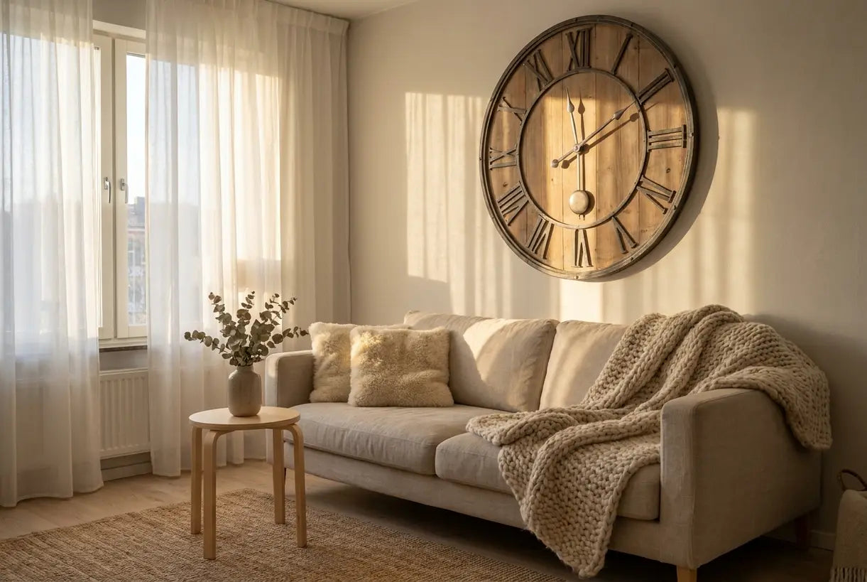 Skandinavisches Wohnzimmer mit großer dekorativer Wanduhr als Statement-Stück