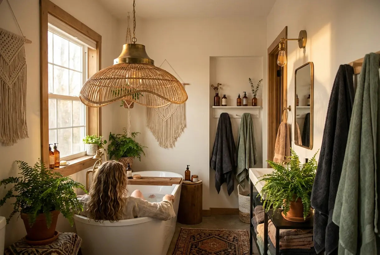 bohemian bathroom with eclectic layered lighting fixtures and natural textures