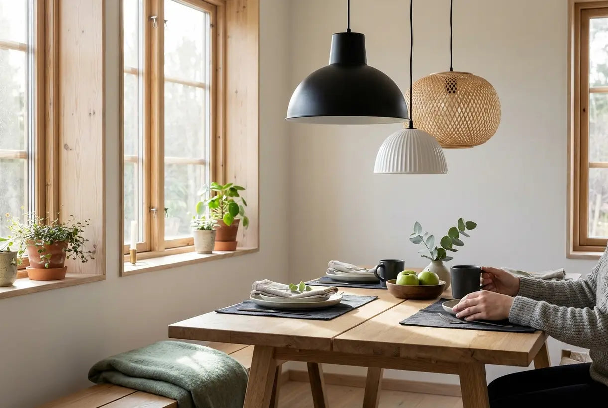 Scandinavische eetkamer met Scandinavische hanglampen boven een houten tafel