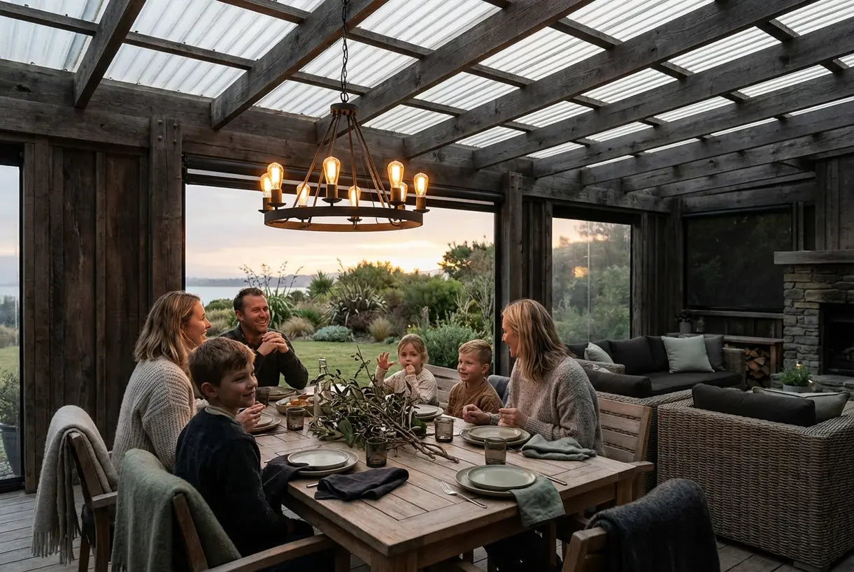 Weather-resistant outdoor chandelier illuminating Scandinavian patio dining area