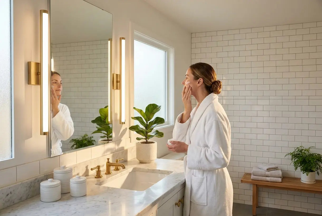 Modern bathroom interior with sleek LED vanity lighting and Scandinavian design aesthetic