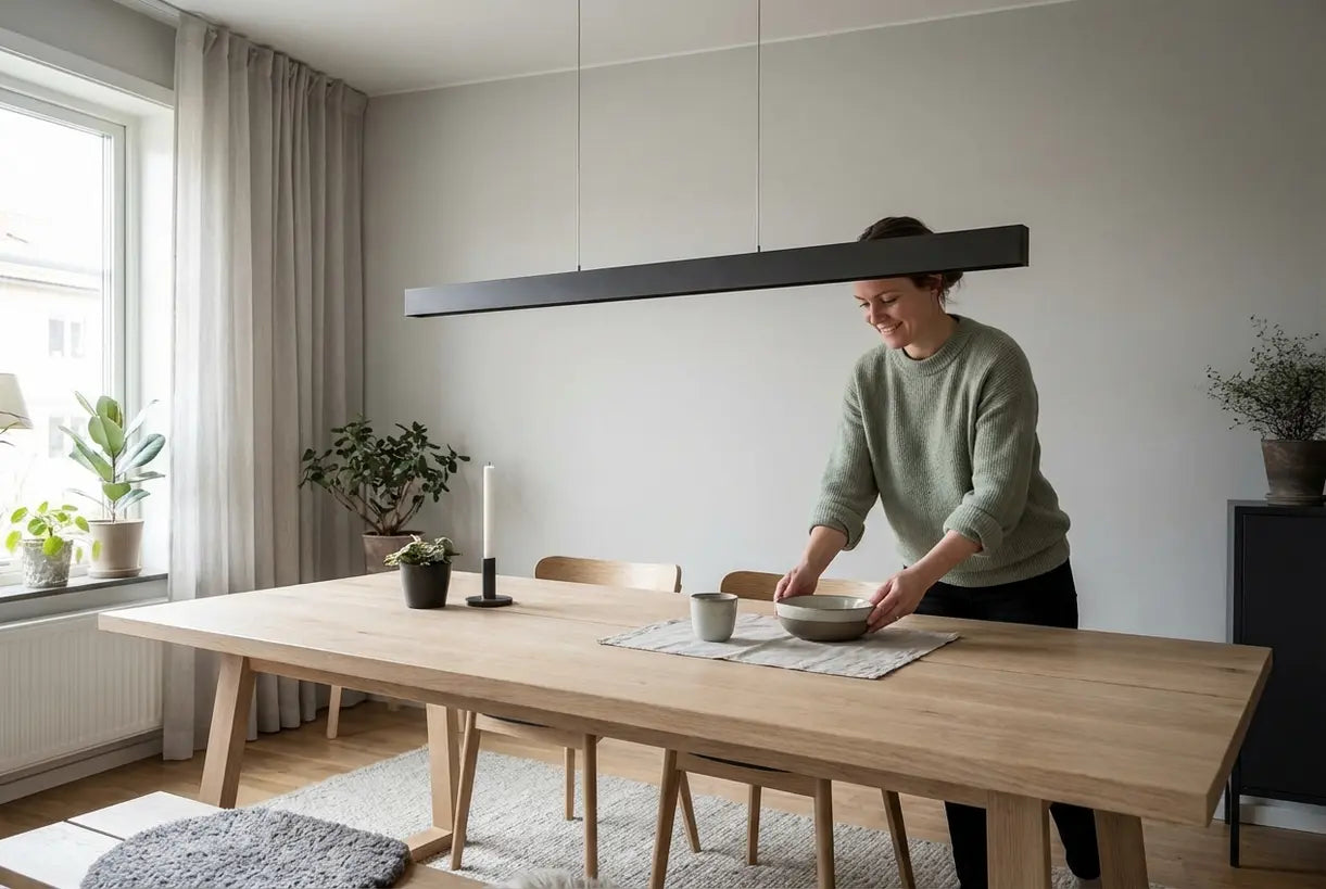 Moderne eetkamer met lineaire plafondpendellamp in Scandinavische minimalistische stijl