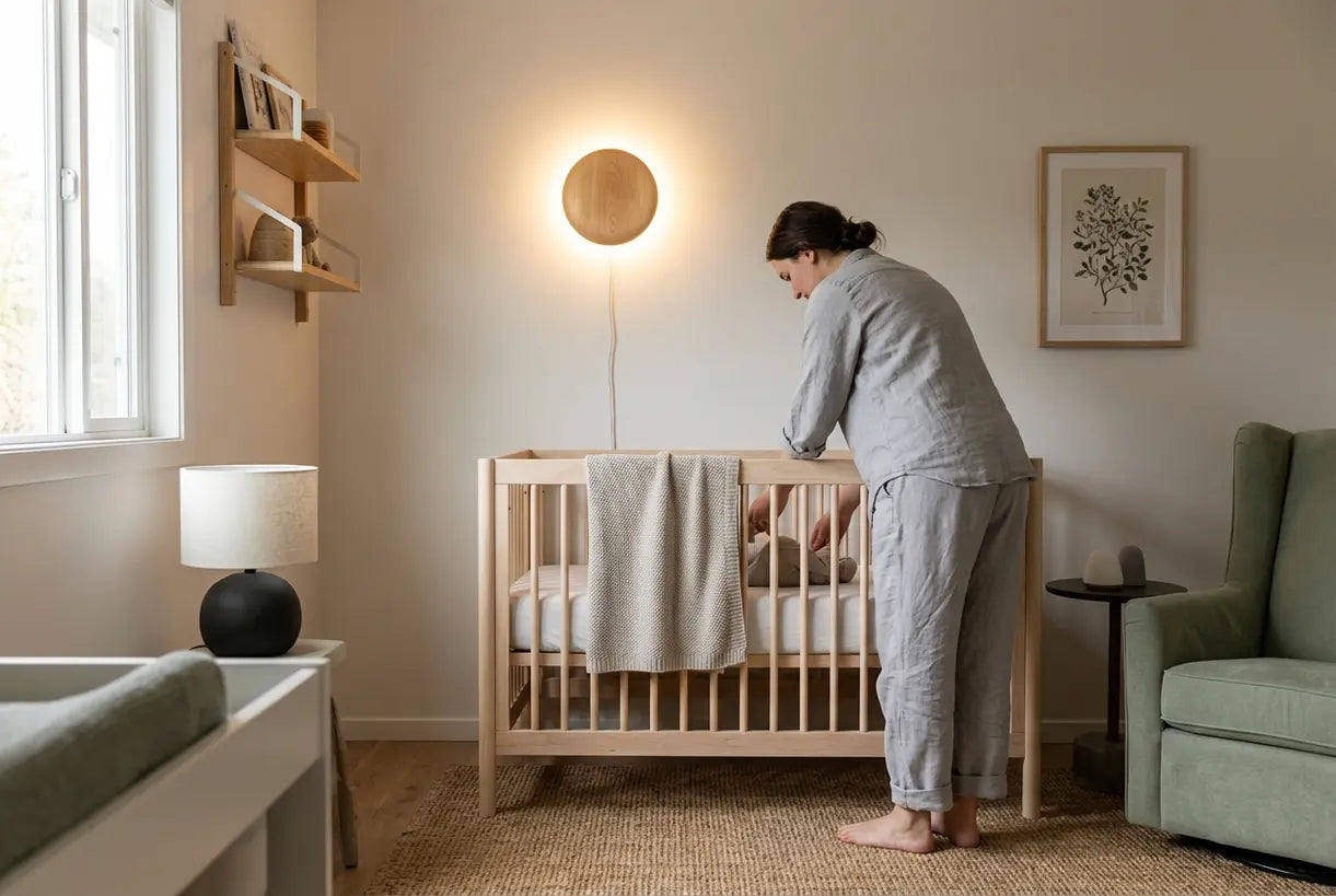 Moderne Scandinavische kinderkamer met zachte wandlampverlichting die een warme sfeer creëert