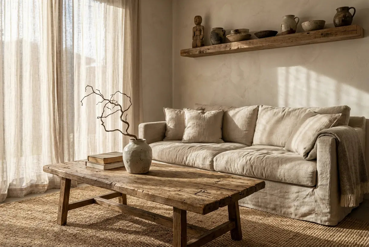 Wabi sabi living room corner with natural wood furniture, linen textures, and handmade pottery in soft natural light