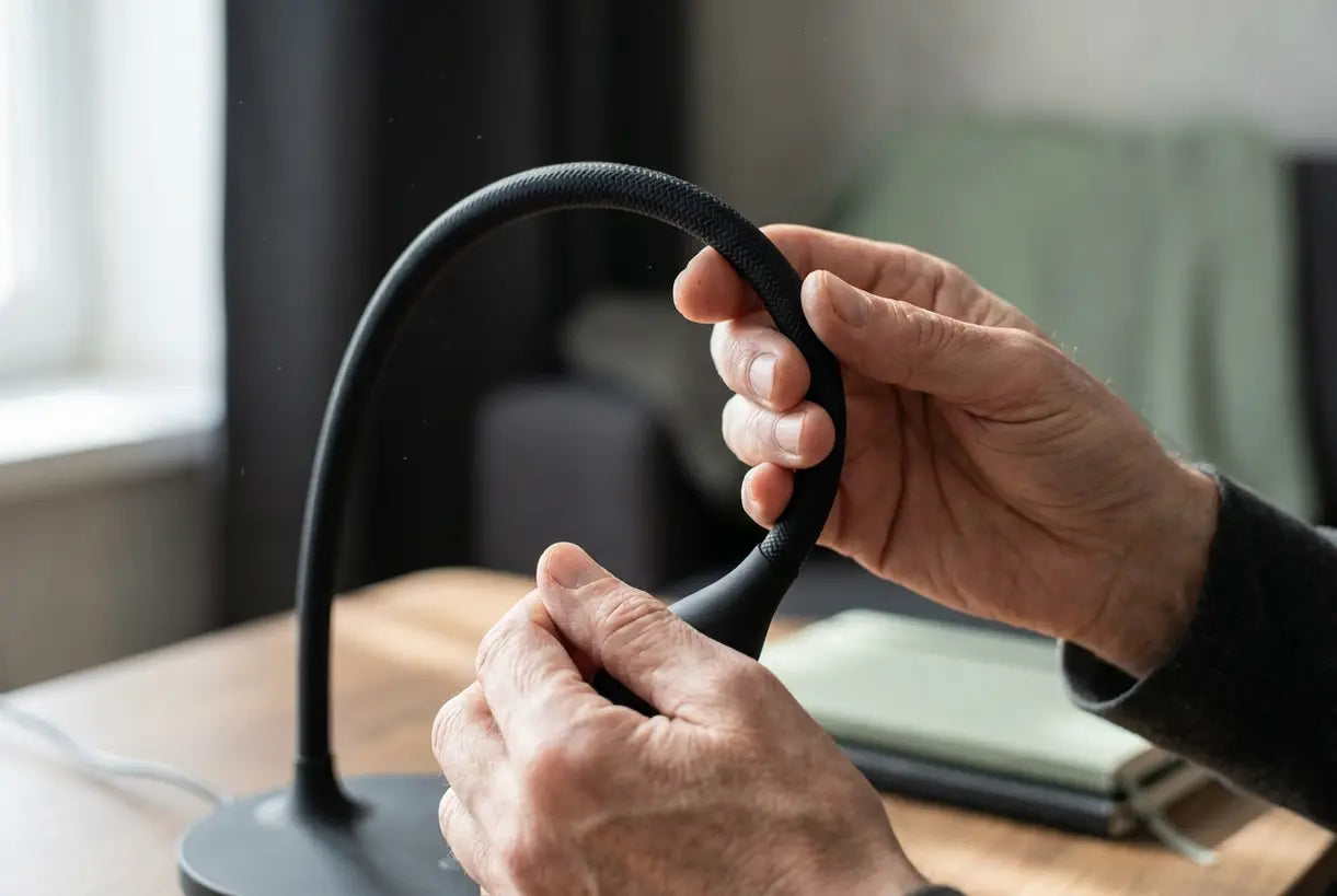 Handen passen flexibele zwanenhals van bureaulamp aan voor nauwkeurige positionering van taakverlichting