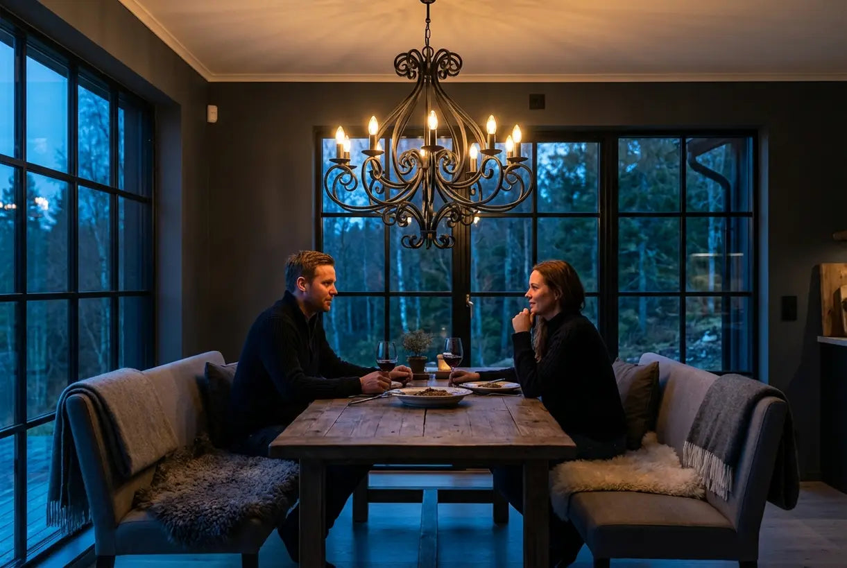 Moderne Scandinavische eetkamer met zwarte kroonluchter als statement verlichting