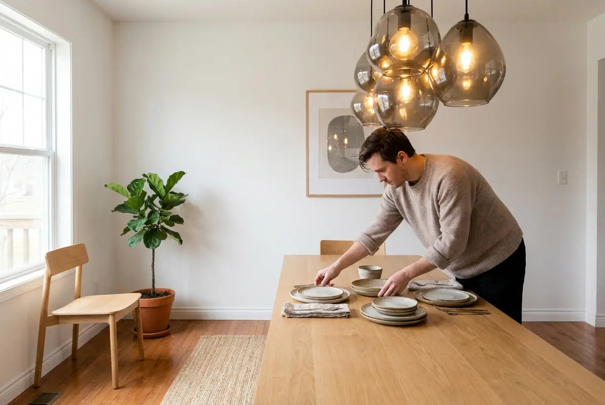 Modern dining room with contemporary pendant light over Scandinavian dining table