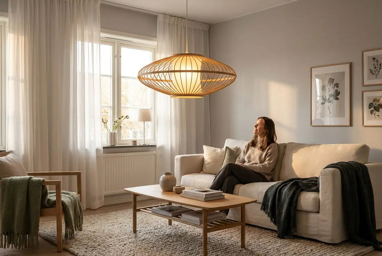 Vrouw geniet van warme omgevingsplafondverlichting in moderne Scandinavische woonkamer lounge