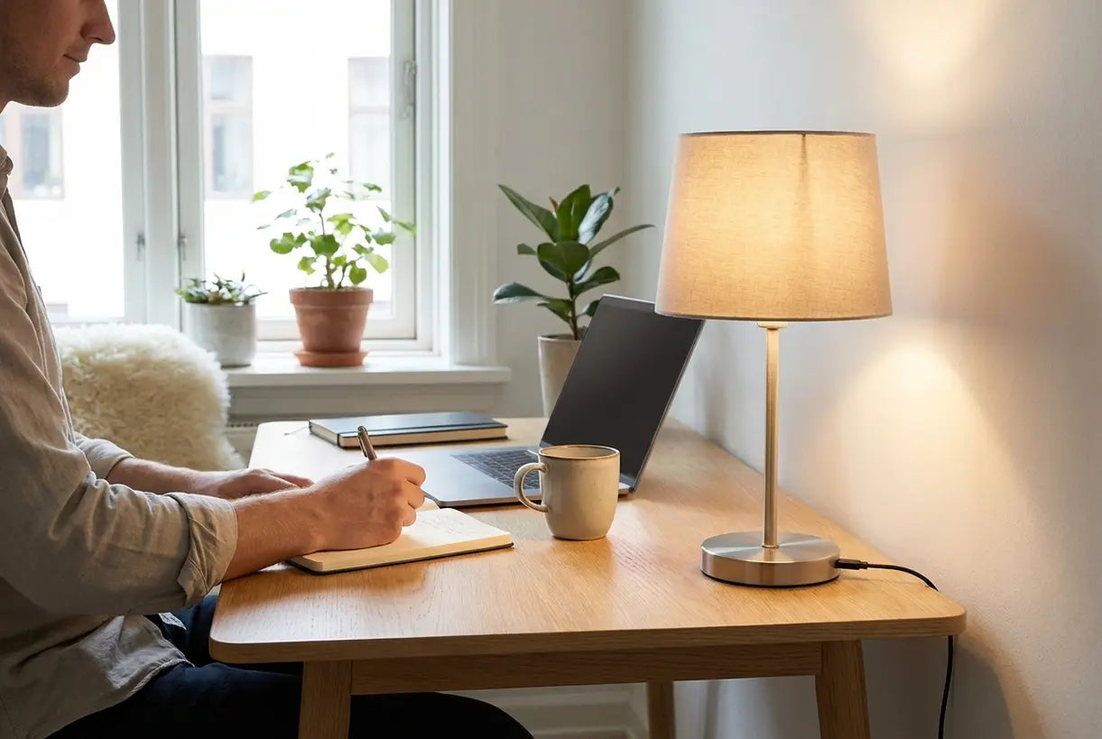 Moderne Scandinavische werkplek met USB-C oplaadbare bureaulamp die warme sfeerverlichting biedt